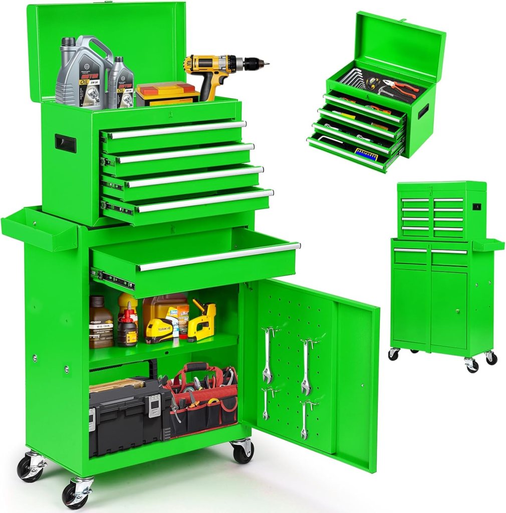 5-Drawer Rolling Tool Chest -2-in-1 Lockable Tool Box With Wheels, Sliding Drawers & Detachable Top- Garage & Workshop Storage Cabinet, Green